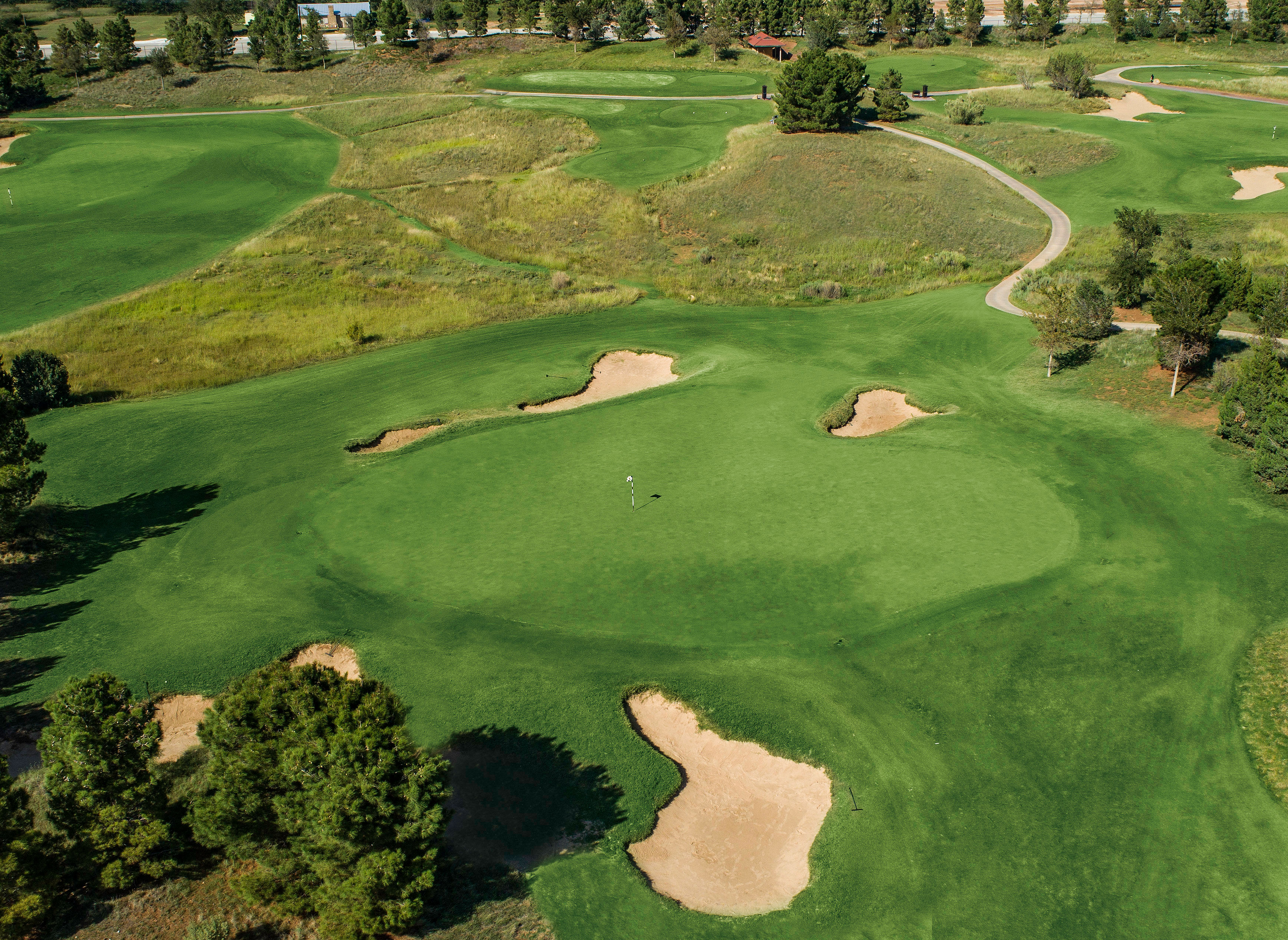 A view of a golf hole with a green fairway, trees lining the course, and a clear sky overhead.