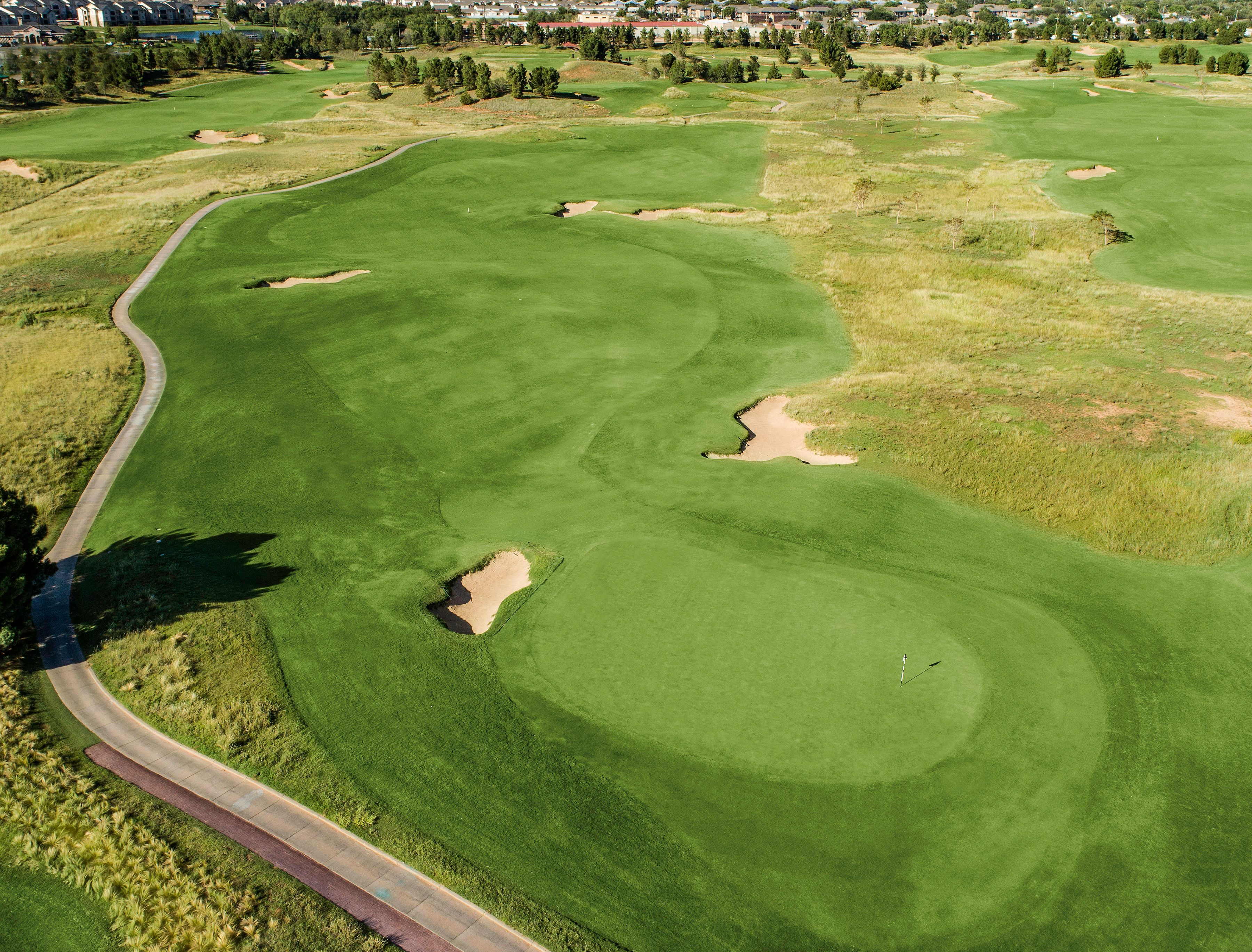 A view of a golf hole with a green fairway, trees lining the course, and a clear sky overhead.